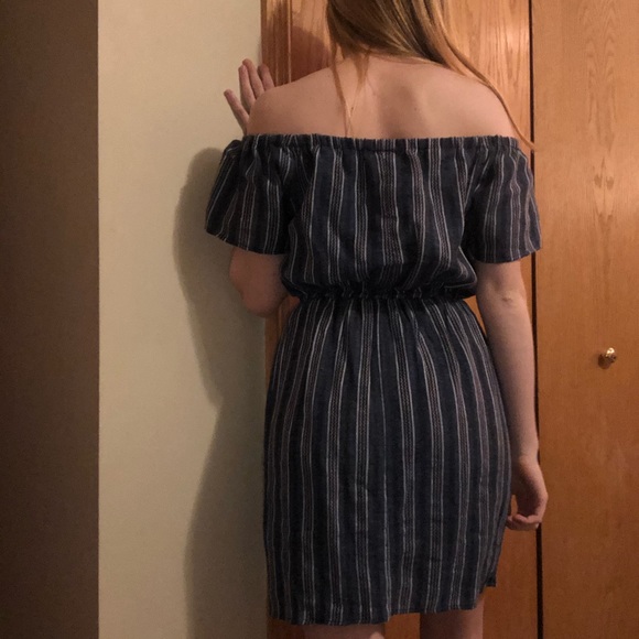 Striped Blue Off the Shoulder Dress - Picture 3 of 4